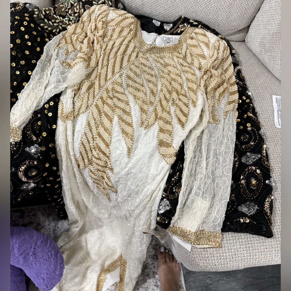 White and Gold beaded formal dress , long sleeve